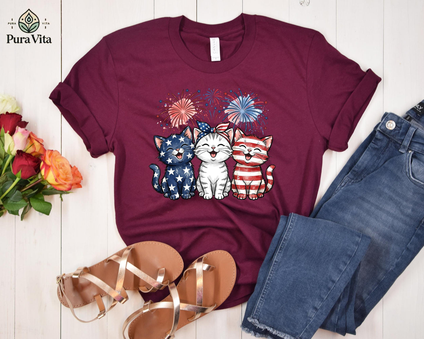 Patriotic Cats T-Shirt, American Flag Kittens, 4th of July Outfit