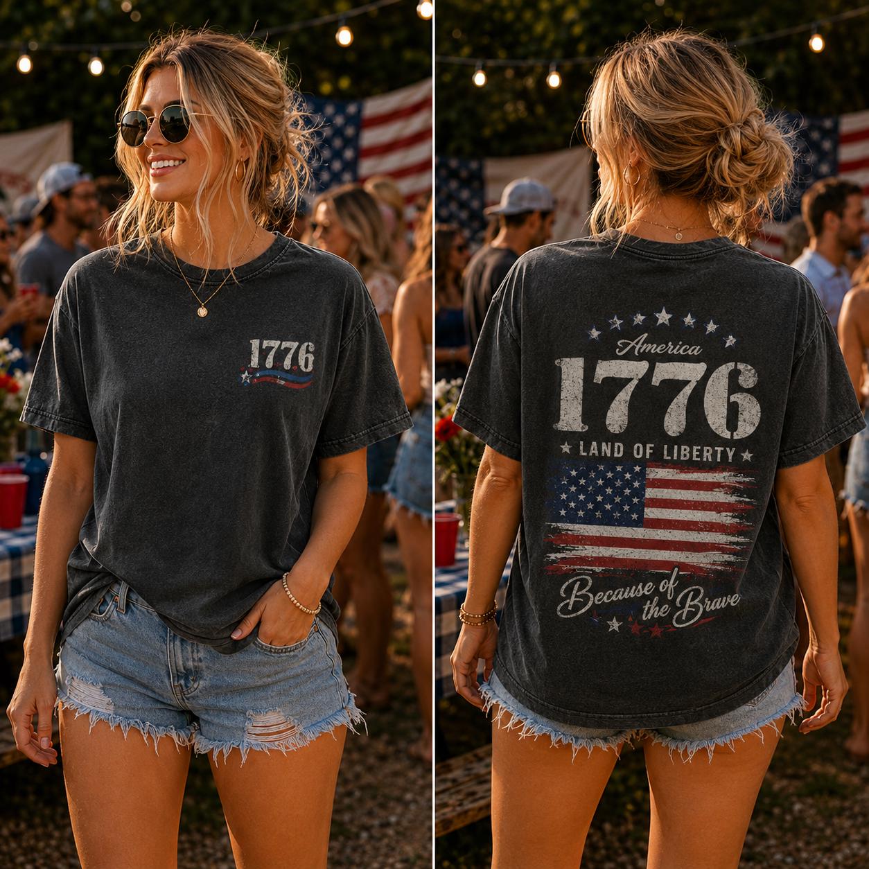 Vintage 1776 Shirt, 4th of July Unisex Tee, Born For Freedom Top, Land of the Free, Front and Back Print Patriotic, USA Graphic T-Shirt
