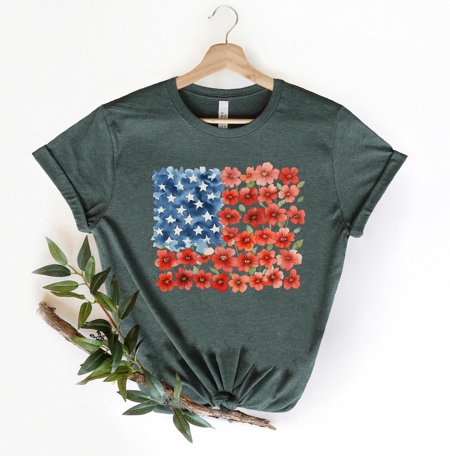 Floral American Flag Shirt, Patriotic Flower T-Shirt, 4th of July Floral Tee, Red Poppy Flag Shirt, Women's Independence Day Gift