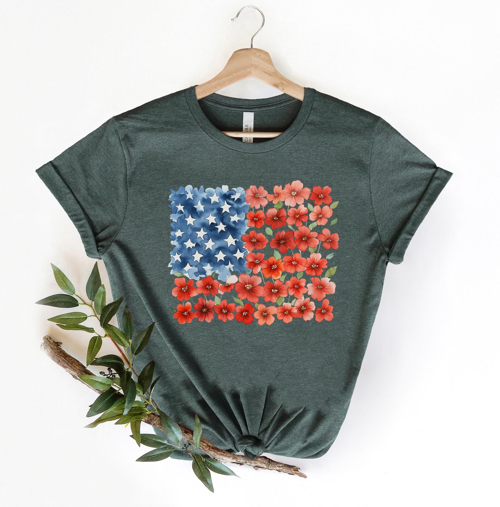 Floral American Flag Shirt, Patriotic Flower T-Shirt, 4th of July Floral Tee, Red Poppy Flag Shirt, Women's Independence Day Gift