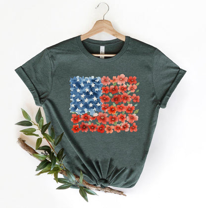 Floral American Flag Shirt, Patriotic Flower T-Shirt, 4th of July Floral Tee, Red Poppy Flag Shirt, Women's Independence Day Gift