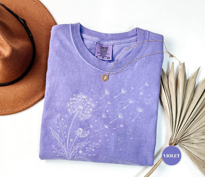 Dandelion Wildflower Comfort Colors® T-Shirt, Boho Floral Tshirt, Wish Flower Graphic Tee, Cottagecore Nature Gift, Whimsical Botanical Top
