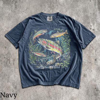 90s River Wildlife T-Shirt - Men & Women's Unisex Graphic Tee - Vintage Rainbow Trout Tee - Fishing Shirts - Retro Fish Shirt - Nature Top
