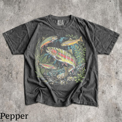 90s River Wildlife T-Shirt - Men & Women's Unisex Graphic Tee - Vintage Rainbow Trout Tee - Fishing Shirts - Retro Fish Shirt - Nature Top