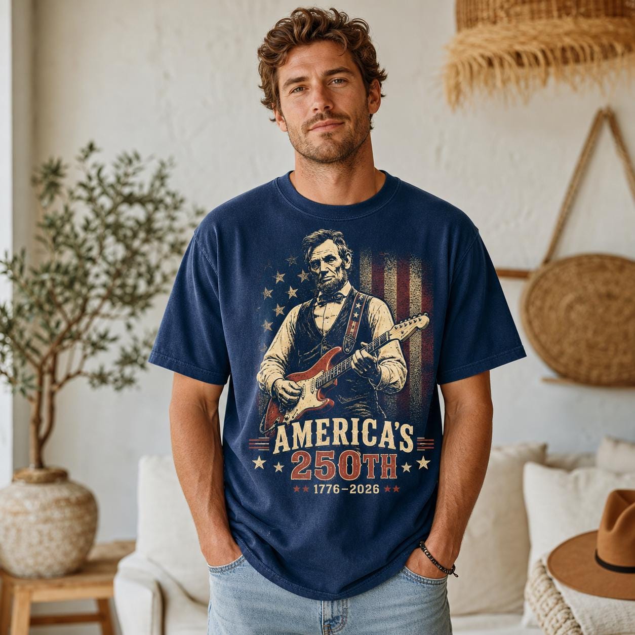 Abraham Lincoln Guitar Shirt, America 250th Patriotic Music Tee (1776-2026)