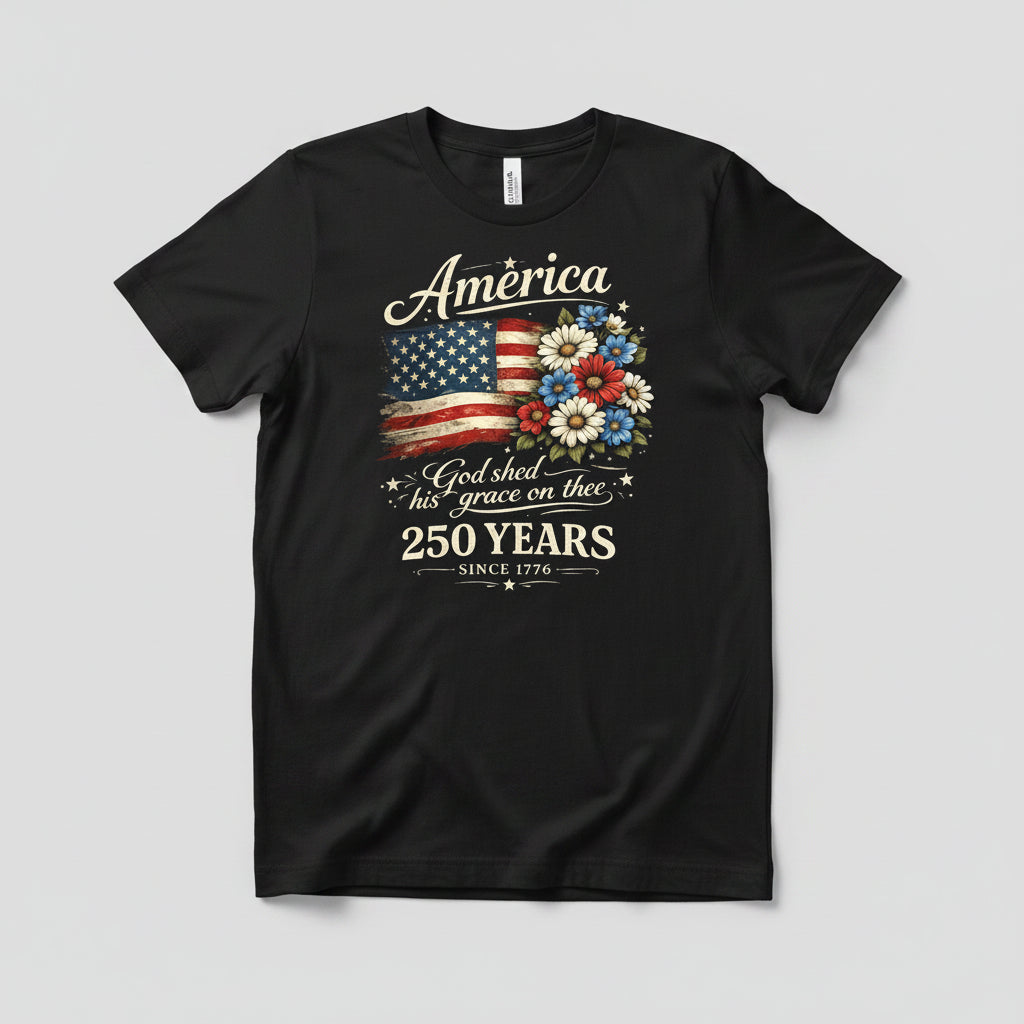 America 250 Years Flag Floral Graphic Tshirt, Celebrate 250th Anniversary Tee, Patriot Gifted Shirt, 4th Of July Patriotism Top, USA Outfiy
