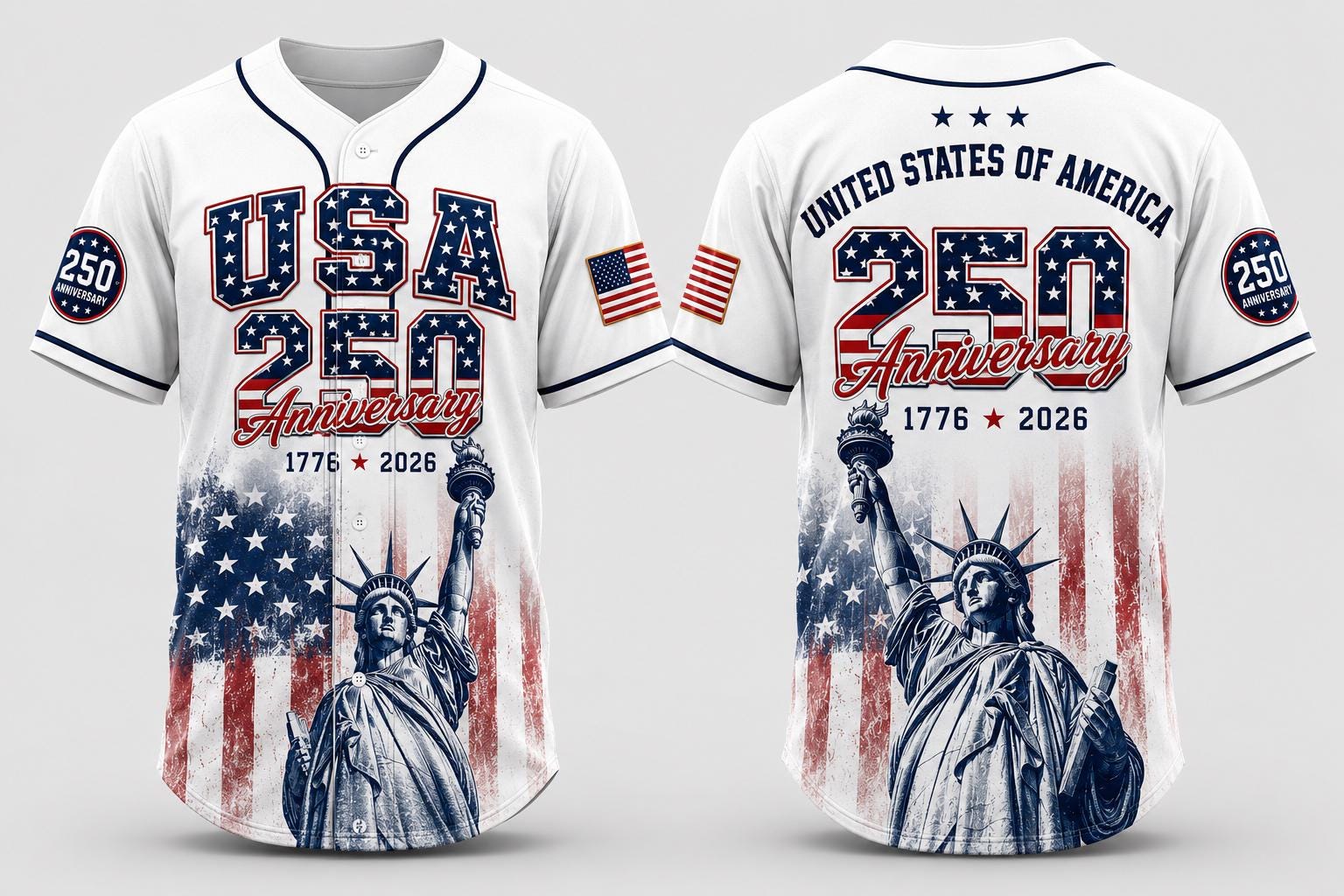 USA 250th Anniversary Baseball Jersey, Patriotic Statue of Liberty Print Shirt, America 1776–2026 Shirt, Fourth of July Gift for Him