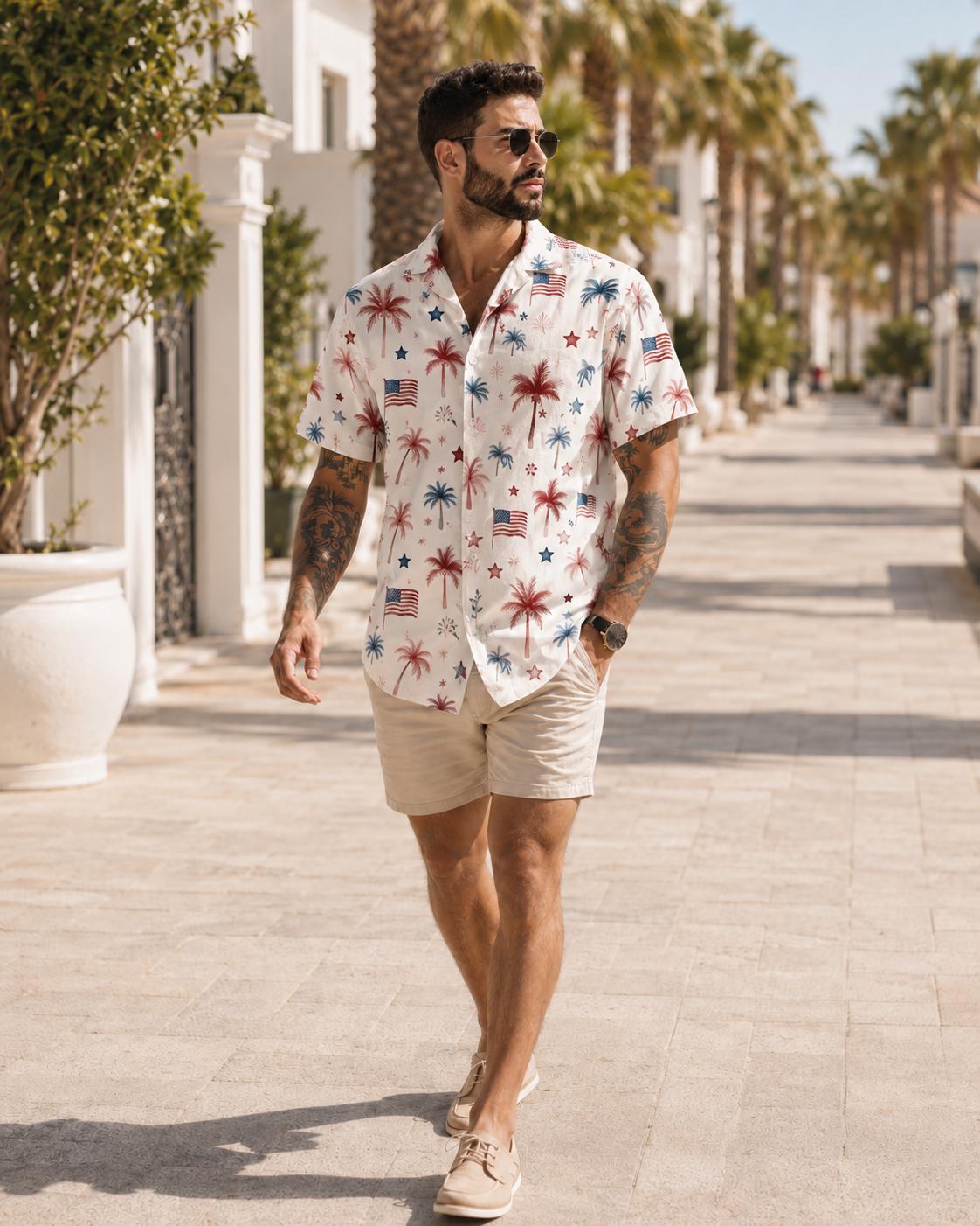 Patriotic Palm Tree Hawaiian Shirt For Men, American Flag 4th Of July Button Up, USA Beach Vacation Shirt