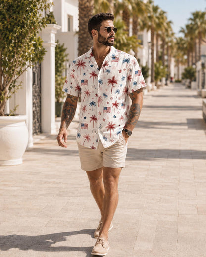 Patriotic Palm Tree Hawaiian Shirt For Men, American Flag 4th Of July Button Up, USA Beach Vacation Shirt