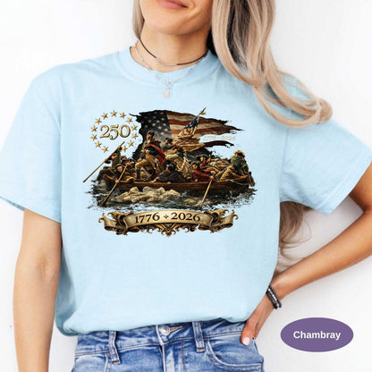 Washington Crossing The Delaware Comfort Colors Shirt, Patriotic USA 250th Anniversary T-shirt 1776-2026, Vintage American History Tee.