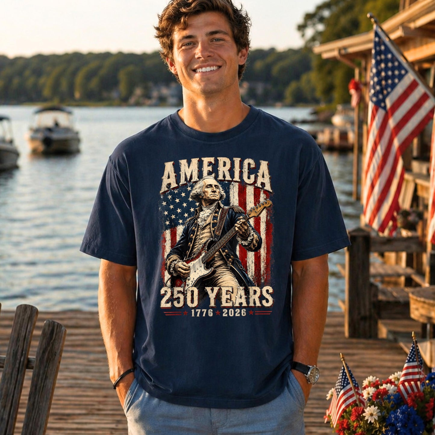 George Washington Guitar USA 250 Years of Freedom Shirt, 1776-2026 American Anniversary Shirt, 4th of July T-Shirt, USA Independence Day Tee