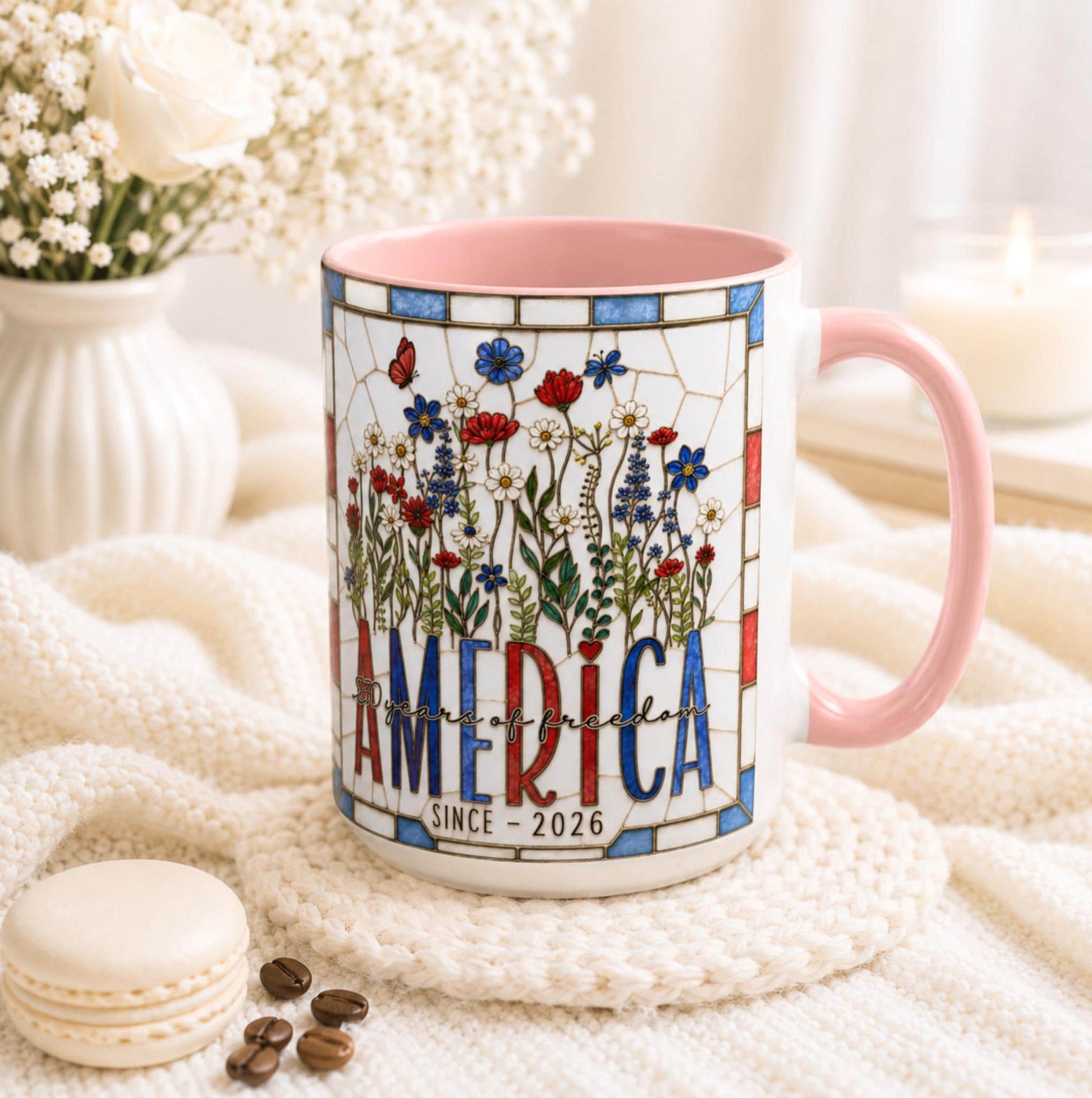 America 250 Faux Stained Glass Mug, Wildflower Coffee Mug, Floral Patriotic Cup, Independence Day Gift