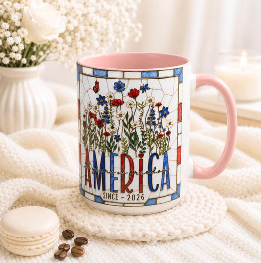 America 250 Faux Stained Glass Mug, Wildflower Coffee Mug, Floral Patriotic Cup, Independence Day Gift