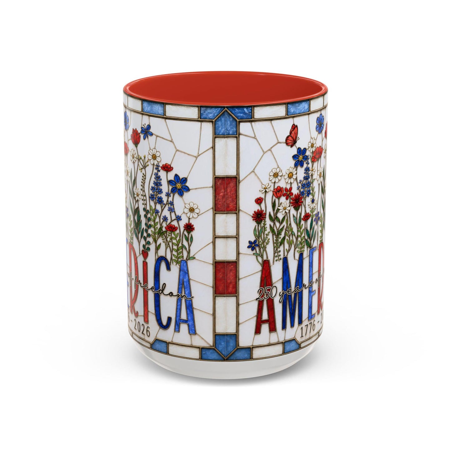 America 250 Faux Stained Glass Mug, Wildflower Coffee Mug, Floral Patriotic Cup, Independence Day Gift