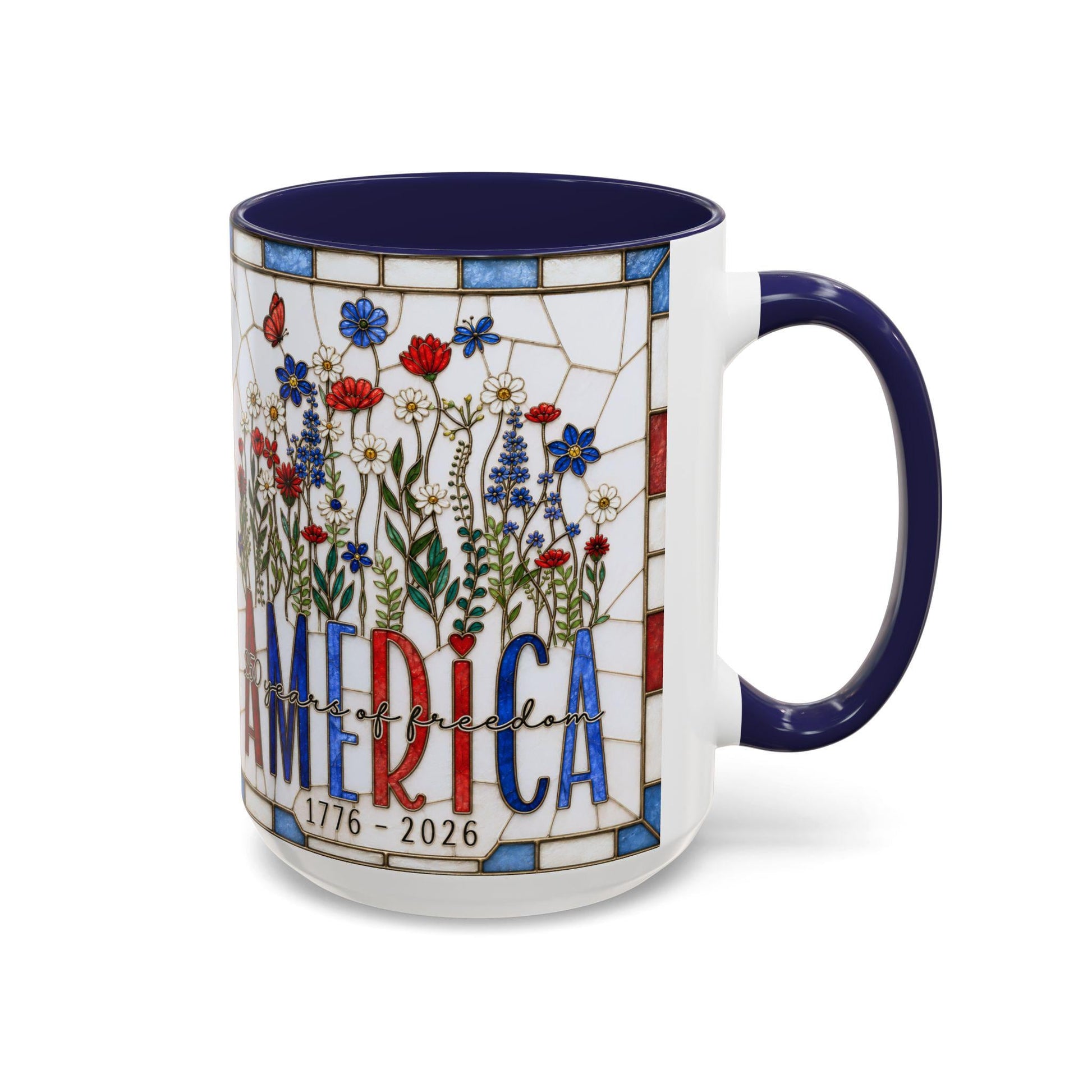 America 250 Faux Stained Glass Mug, Wildflower Coffee Mug, Floral Patriotic Cup, Independence Day Gift