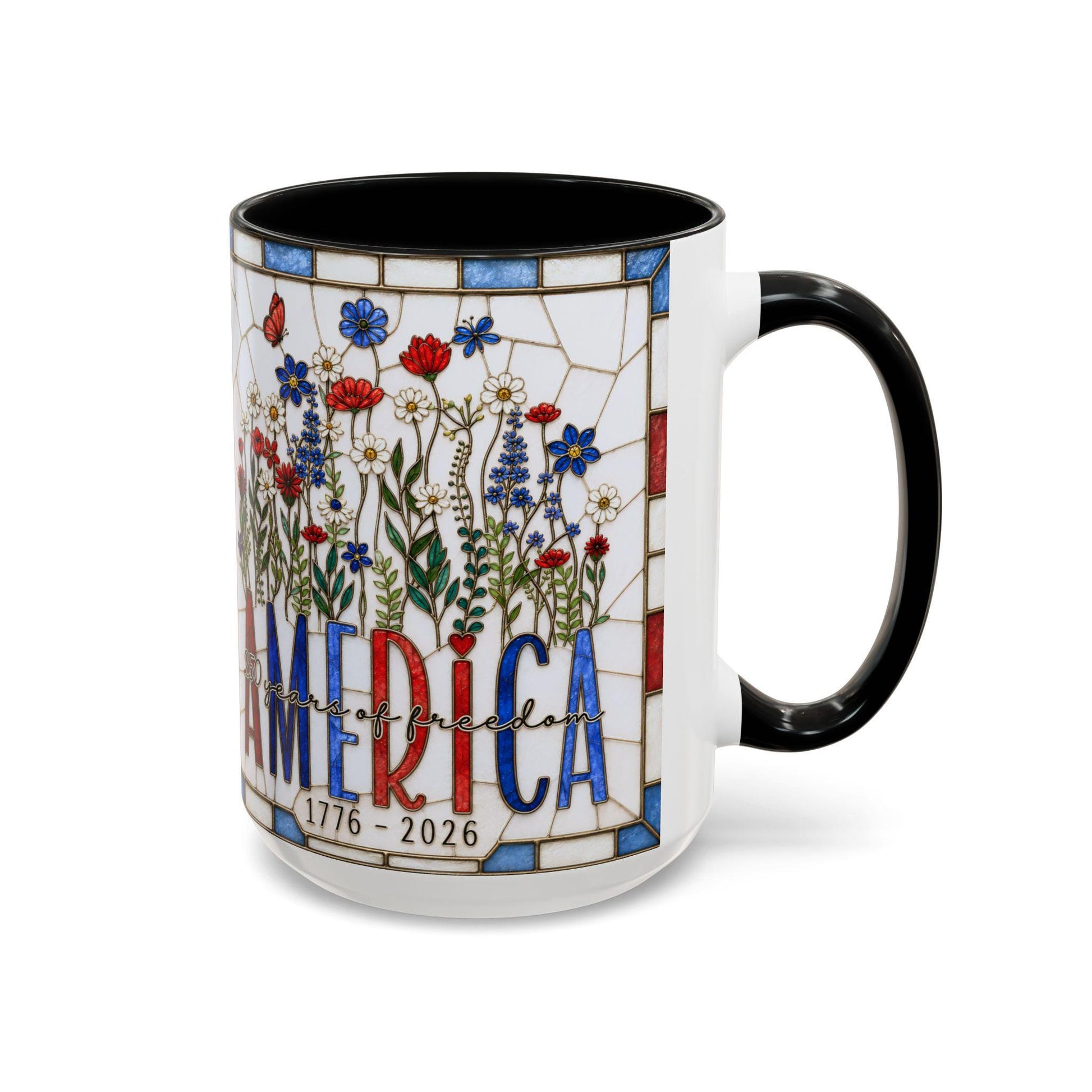 America 250 Faux Stained Glass Mug, Wildflower Coffee Mug, Floral Patriotic Cup, Independence Day Gift