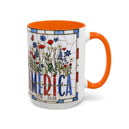 America 250 Faux Stained Glass Mug, Wildflower Coffee Mug, Floral Patriotic Cup, Independence Day Gift
