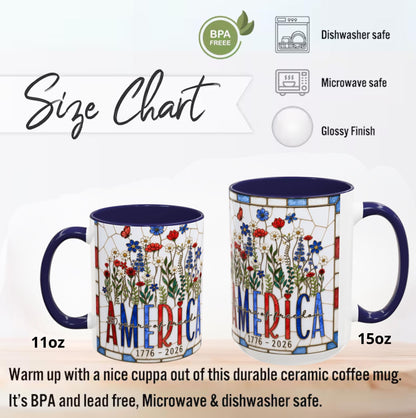 America 250 Faux Stained Glass Mug, Wildflower Coffee Mug, Floral Patriotic Cup, Independence Day Gift