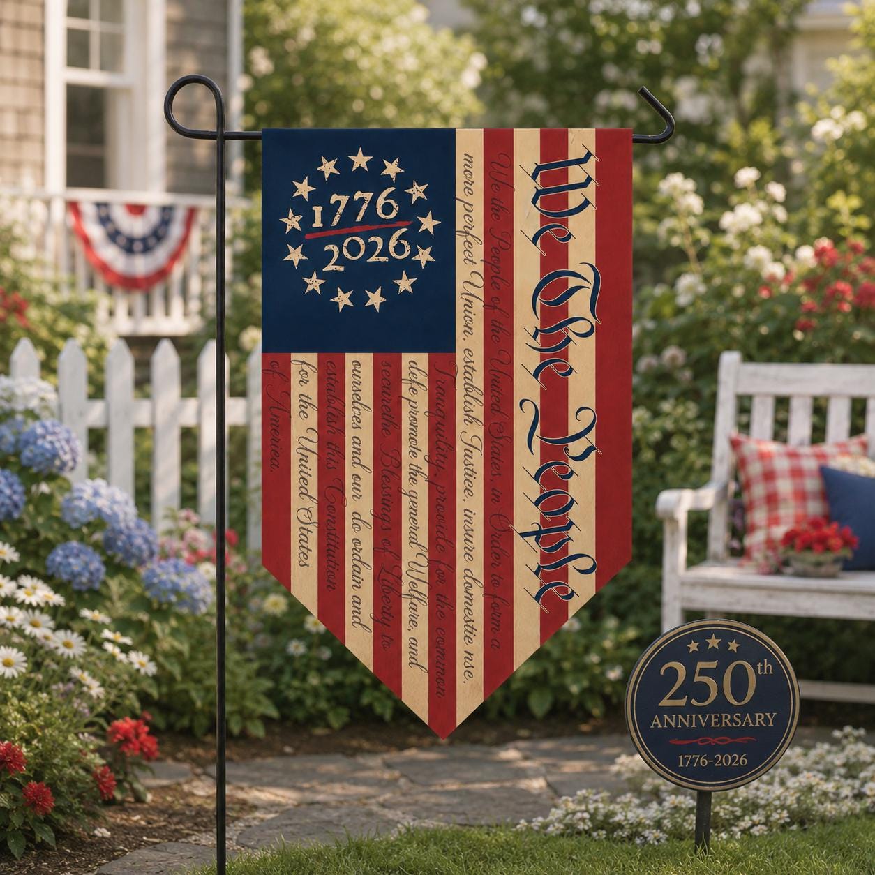 USA 250th Anniversary Triangular Flag, We The People 1776-2026 Garden Banner, Patriotic Outdoor Decor
