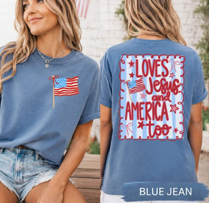 Comfort Colors® Loves Jesus and America Too Shirt Sweatshirt, 4th of July Patriotic Coquette Bow Tee American Flag