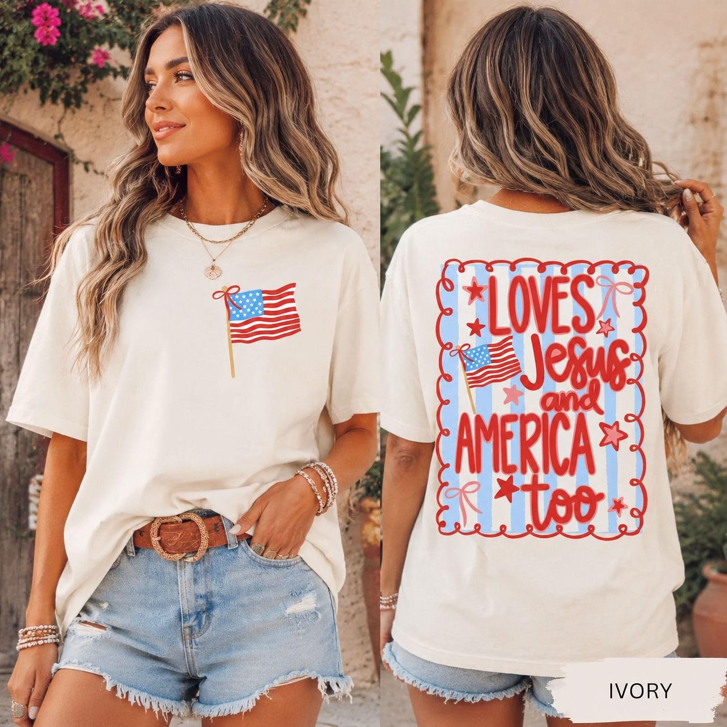 Comfort Colors® Loves Jesus and America Too Shirt Sweatshirt, 4th of July Patriotic Coquette Bow Tee American Flag