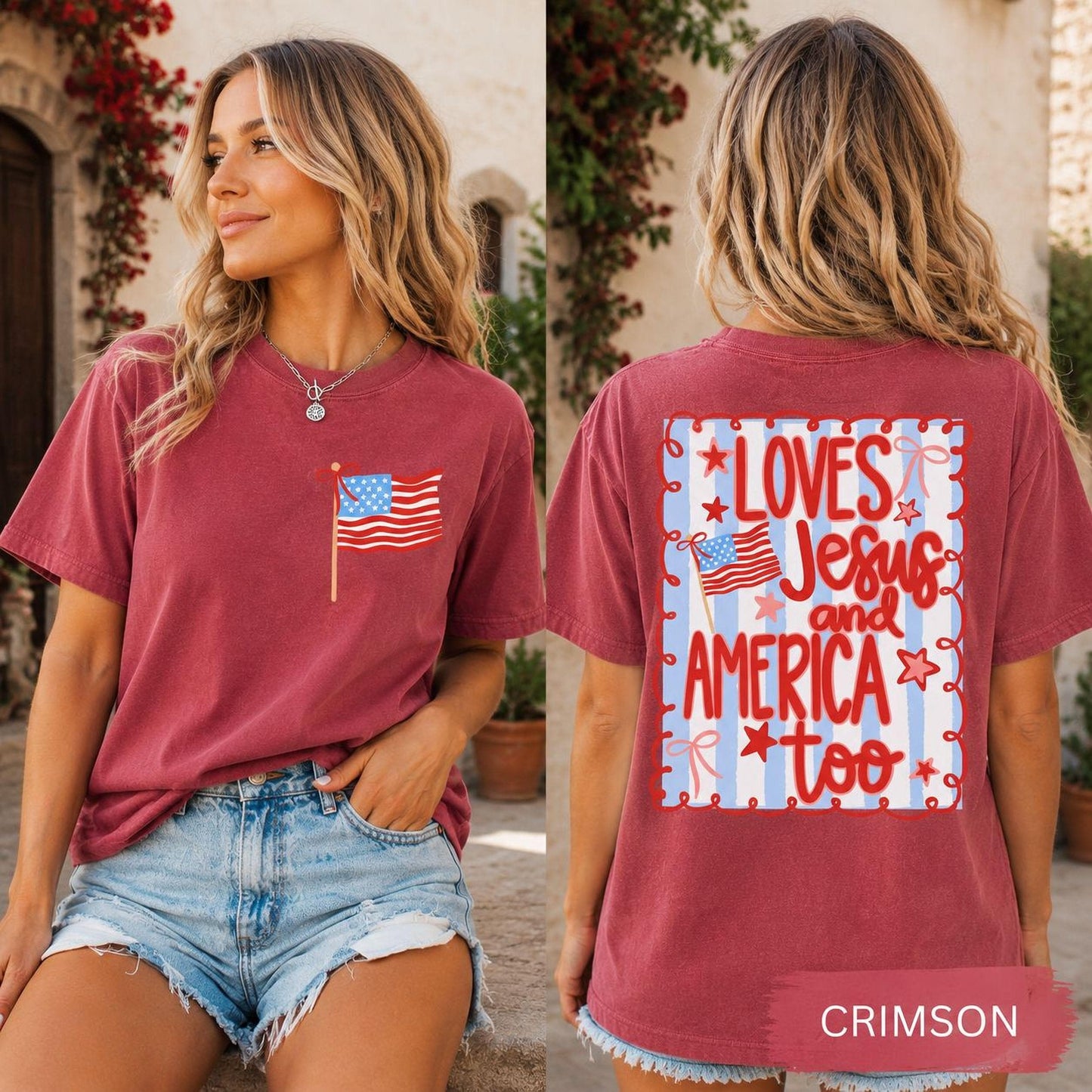 Comfort Colors® Loves Jesus and America Too Shirt Sweatshirt, 4th of July Patriotic Coquette Bow Tee American Flag