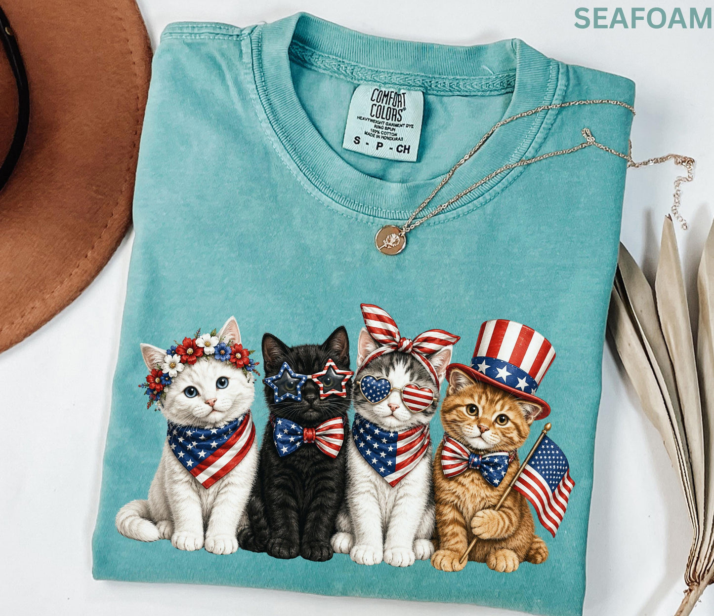 Comfort Colors Patriotic Cat Shirt, 4th Of July Cat Lover Tee, USA Flag Kitten Shirt, USA 250th American Cat Mom Gift Shirt For Women Kids