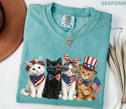 Comfort Colors Patriotic Cat Shirt, 4th Of July Cat Lover Tee, USA Flag Kitten Shirt, USA 250th American Cat Mom Gift Shirt For Women Kids