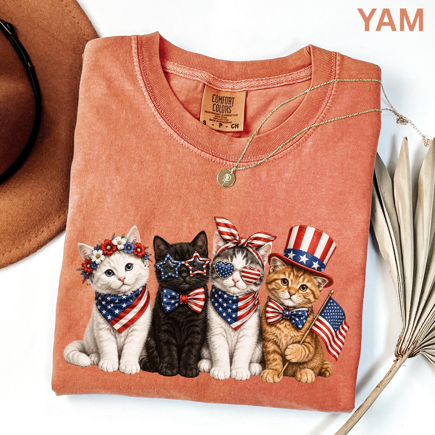 Comfort Colors Patriotic Cat Shirt, 4th Of July Cat Lover Tee, USA Flag Kitten Shirt, USA 250th American Cat Mom Gift Shirt For Women Kids