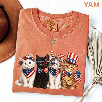 Comfort Colors Patriotic Cat Shirt, 4th Of July Cat Lover Tee, USA Flag Kitten Shirt, USA 250th American Cat Mom Gift Shirt For Women Kids
