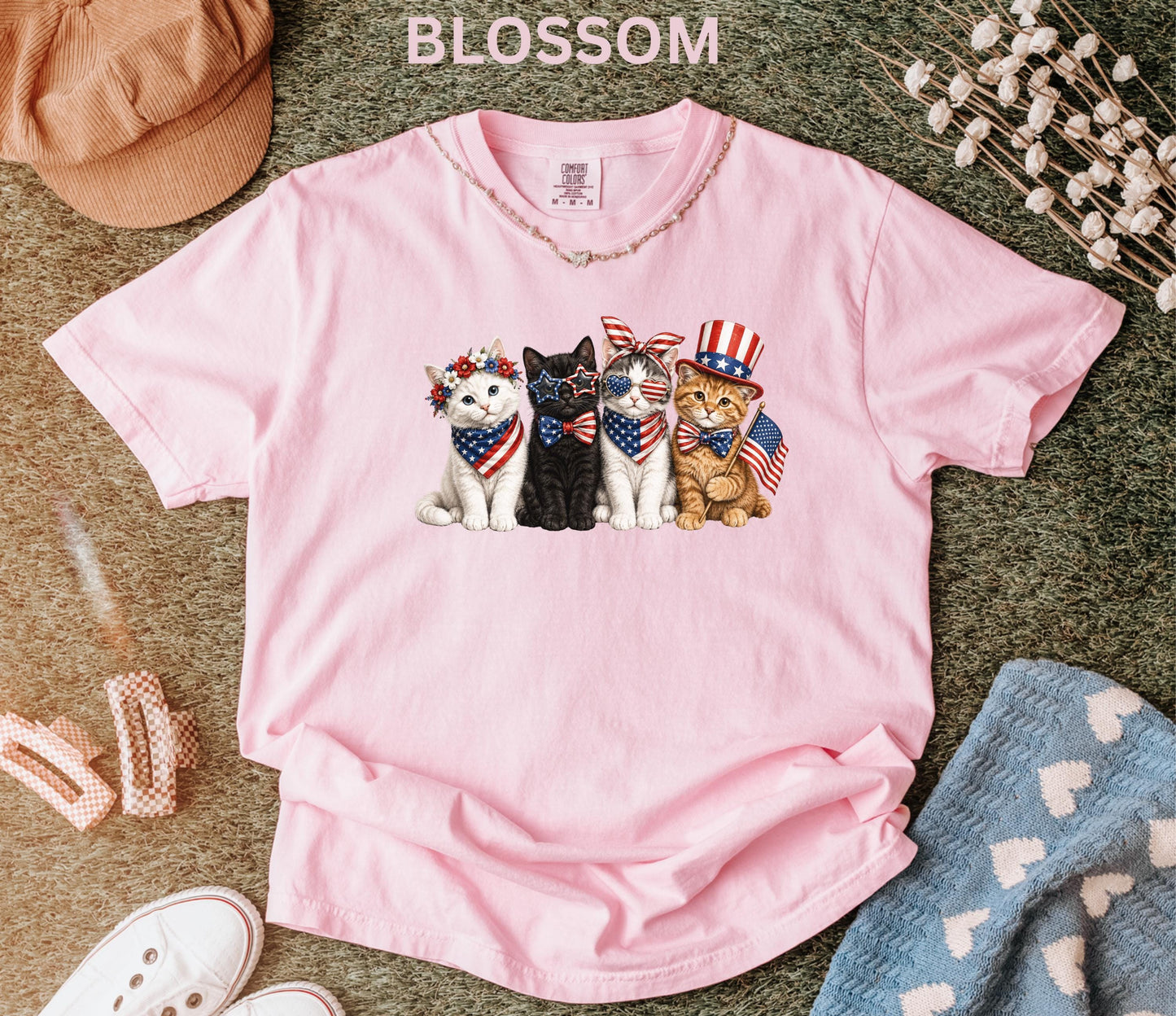 Comfort Colors Patriotic Cat Shirt, 4th Of July Cat Lover Tee, USA Flag Kitten Shirt, USA 250th American Cat Mom Gift Shirt For Women Kids