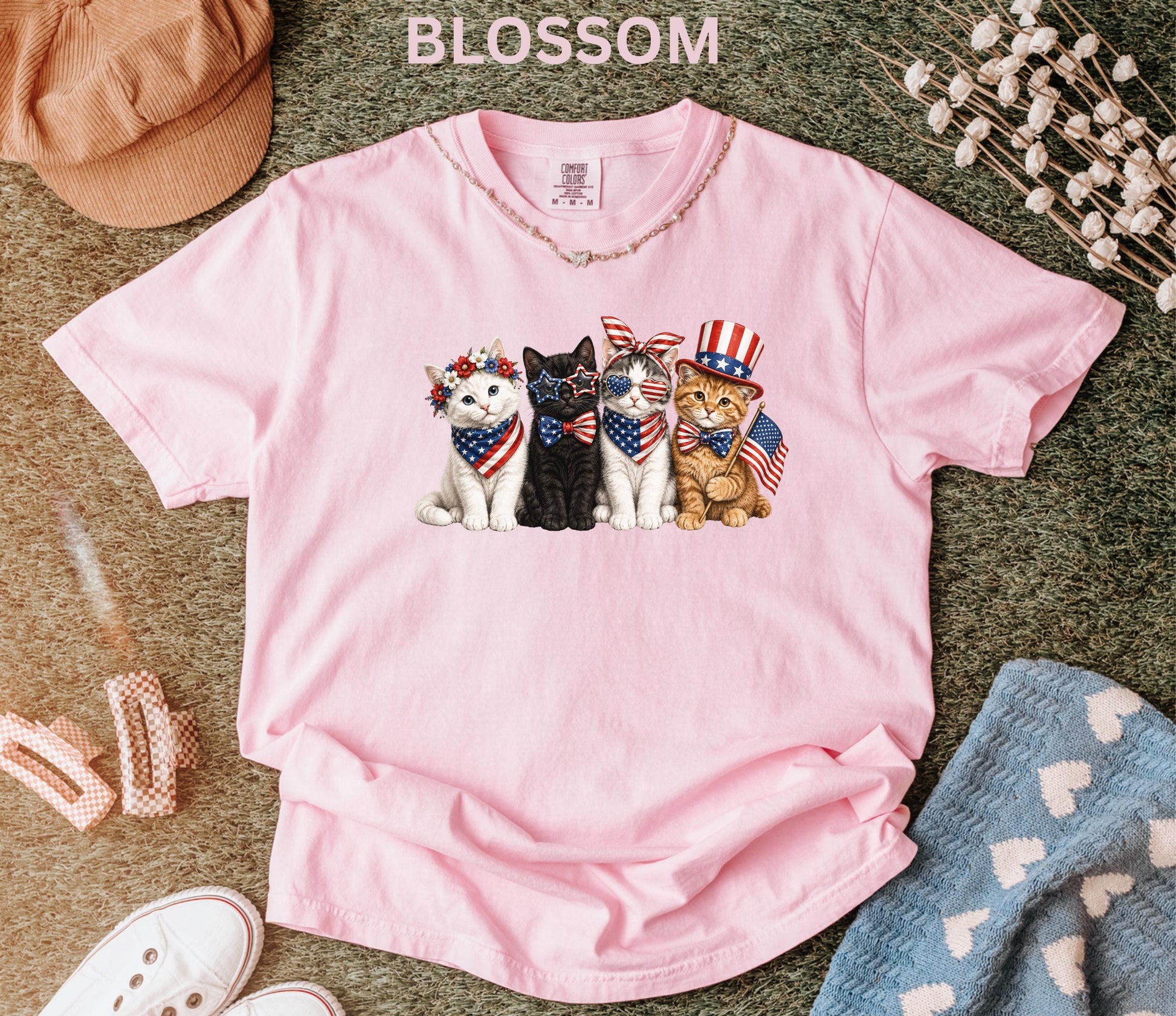 Comfort Colors Patriotic Cat Shirt, 4th Of July Cat Lover Tee, USA Flag Kitten Shirt, USA 250th American Cat Mom Gift Shirt For Women Kids