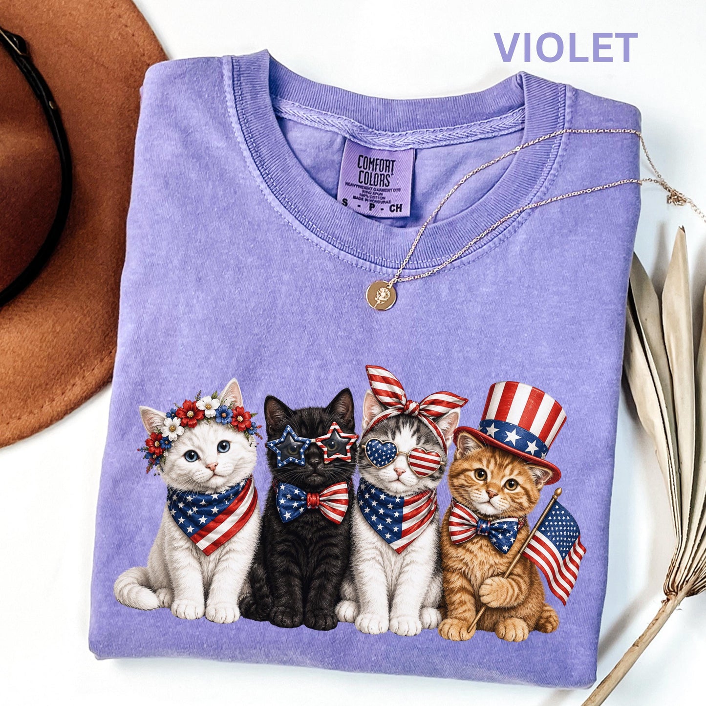 Comfort Colors Patriotic Cat Shirt, 4th Of July Cat Lover Tee, USA Flag Kitten Shirt, USA 250th American Cat Mom Gift Shirt For Women Kids