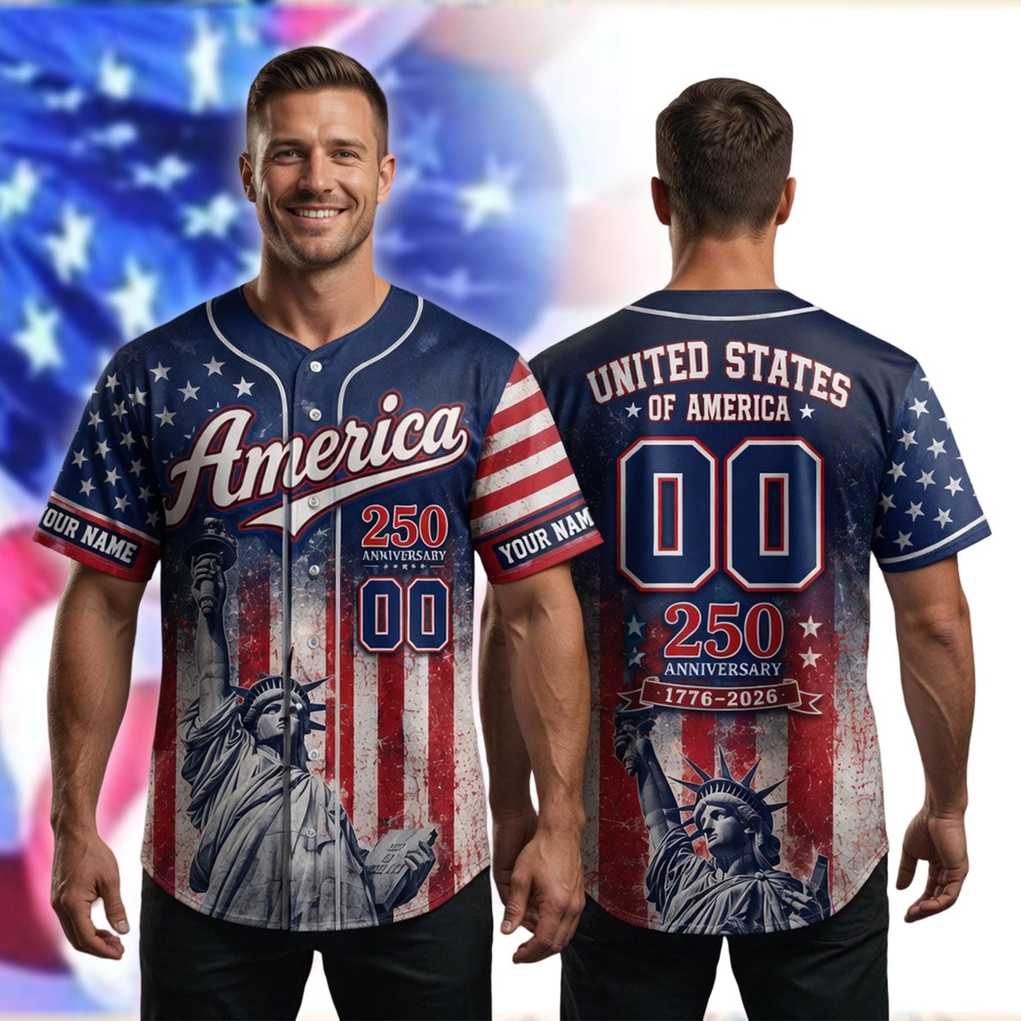 Personalized USA 250 Years Celebration Baseball Jersey Shirt, 1776 2026 Patriotic Shirt, American Baseball Jersey Summer Shirt