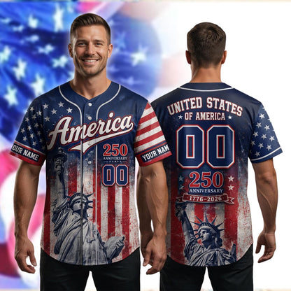 Personalized USA 250 Years Celebration Baseball Jersey Shirt, 1776 2026 Patriotic Shirt, American Baseball Jersey Summer Shirt