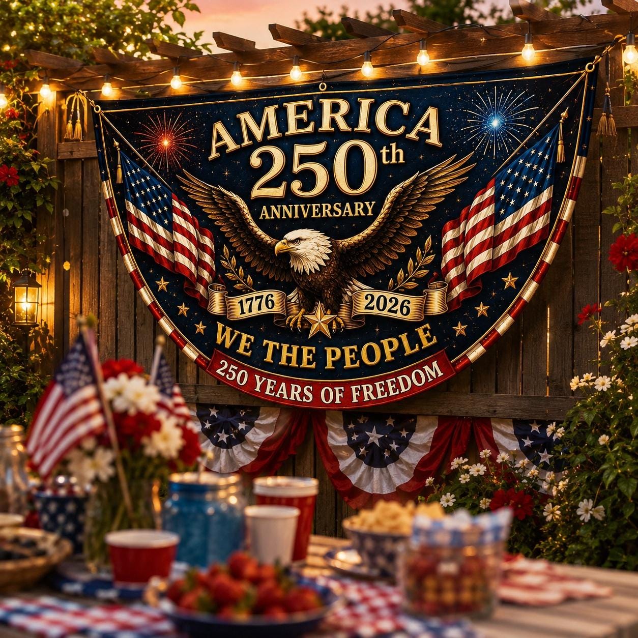 USA 250th Anniversary Patriotic Bunting Banner, America 1776–2026 Semicircle Fence Flag, Christian Freedom Porch Decor, Fourth of July Decor