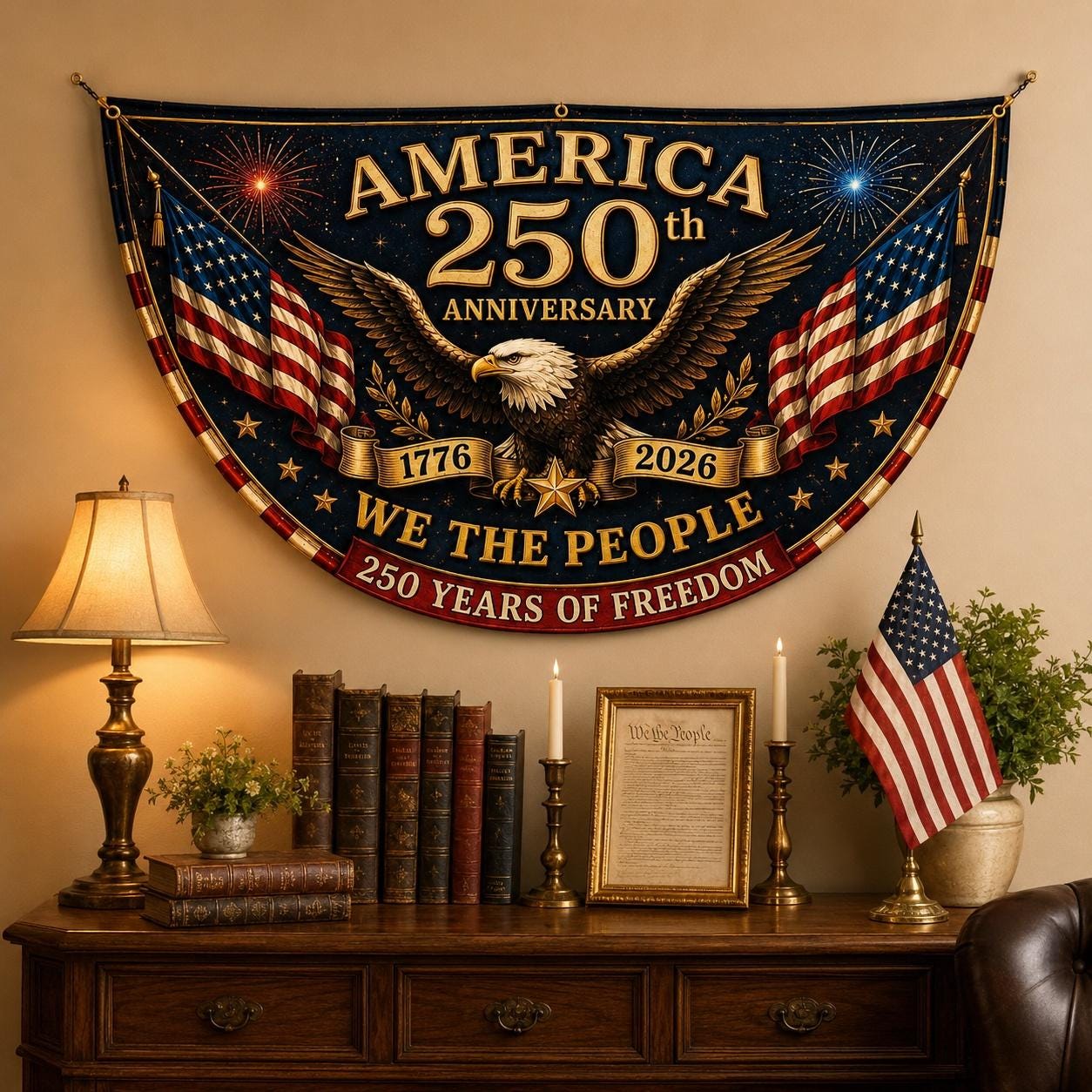 USA 250th Anniversary Patriotic Bunting Banner, America 1776–2026 Semicircle Fence Flag, Christian Freedom Porch Decor, Fourth of July Decor
