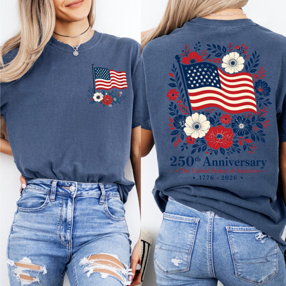 Comfort Colors® USA 250 Years Anniversary Shirt, 4th of July Back Graphic Tee, Boho Floral America T-Shirt