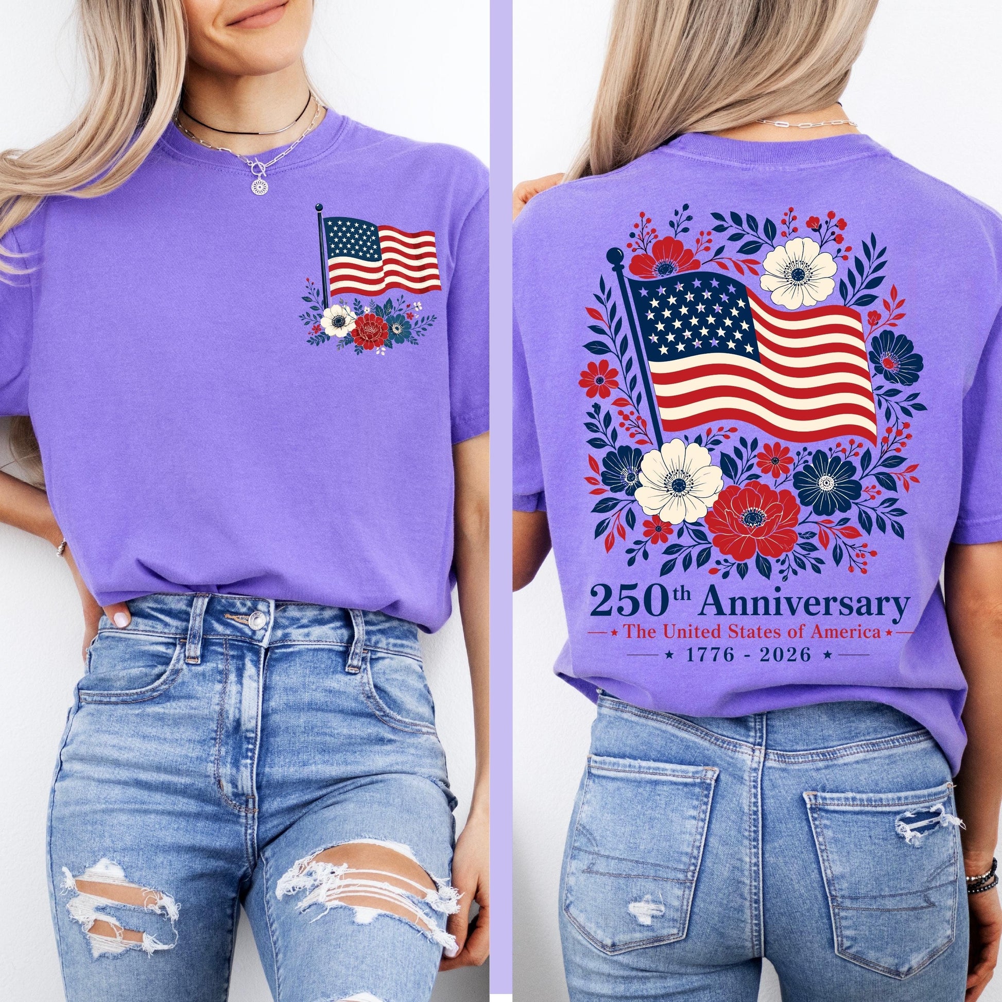 Comfort Colors® USA 250 Years Anniversary Shirt, 4th of July Back Graphic Tee, Boho Floral America T-Shirt