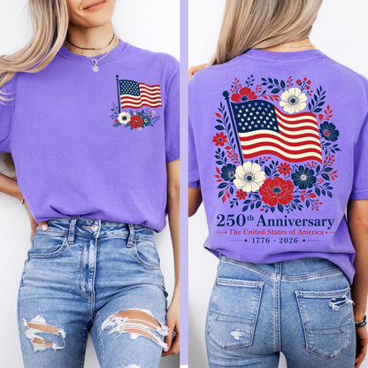 Comfort Colors® USA 250 Years Anniversary Shirt, 4th of July Back Graphic Tee, Boho Floral America T-Shirt