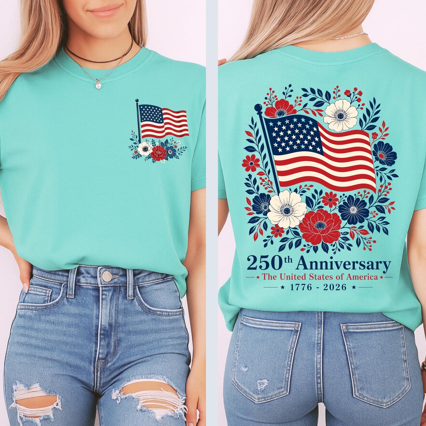 Comfort Colors® USA 250 Years Anniversary Shirt, 4th of July Back Graphic Tee, Boho Floral America T-Shirt