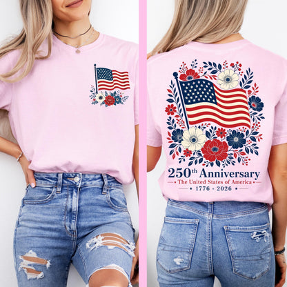 Comfort Colors® USA 250 Years Anniversary Shirt, 4th of July Back Graphic Tee, Boho Floral America T-Shirt