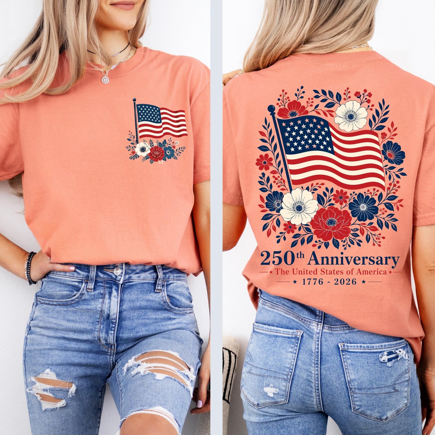 Comfort Colors® USA 250 Years Anniversary Shirt, 4th of July Back Graphic Tee, Boho Floral America T-Shirt