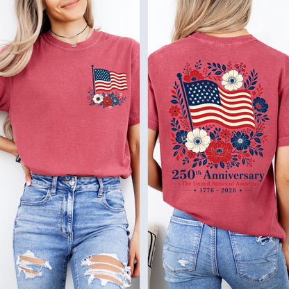 Comfort Colors® USA 250 Years Anniversary Shirt, 4th of July Back Graphic Tee, Boho Floral America T-Shirt