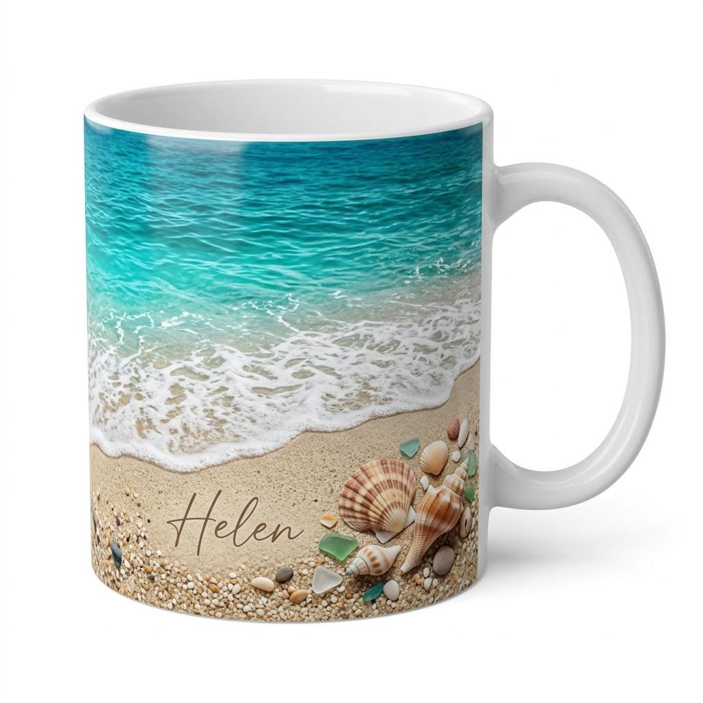Personalized Beach Ceramic Mug, Custom Coastal Seashell Ocean Wave Design, Summer Shore Gift