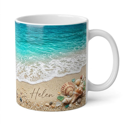 Personalized Beach Ceramic Mug, Custom Coastal Seashell Ocean Wave Design, Summer Shore Gift