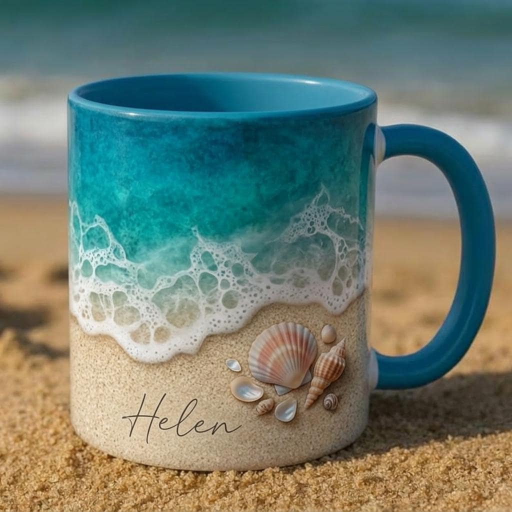 Personalized Beach Ceramic Mug, Custom Coastal Seashell Ocean Wave Design, Summer Shore Gift