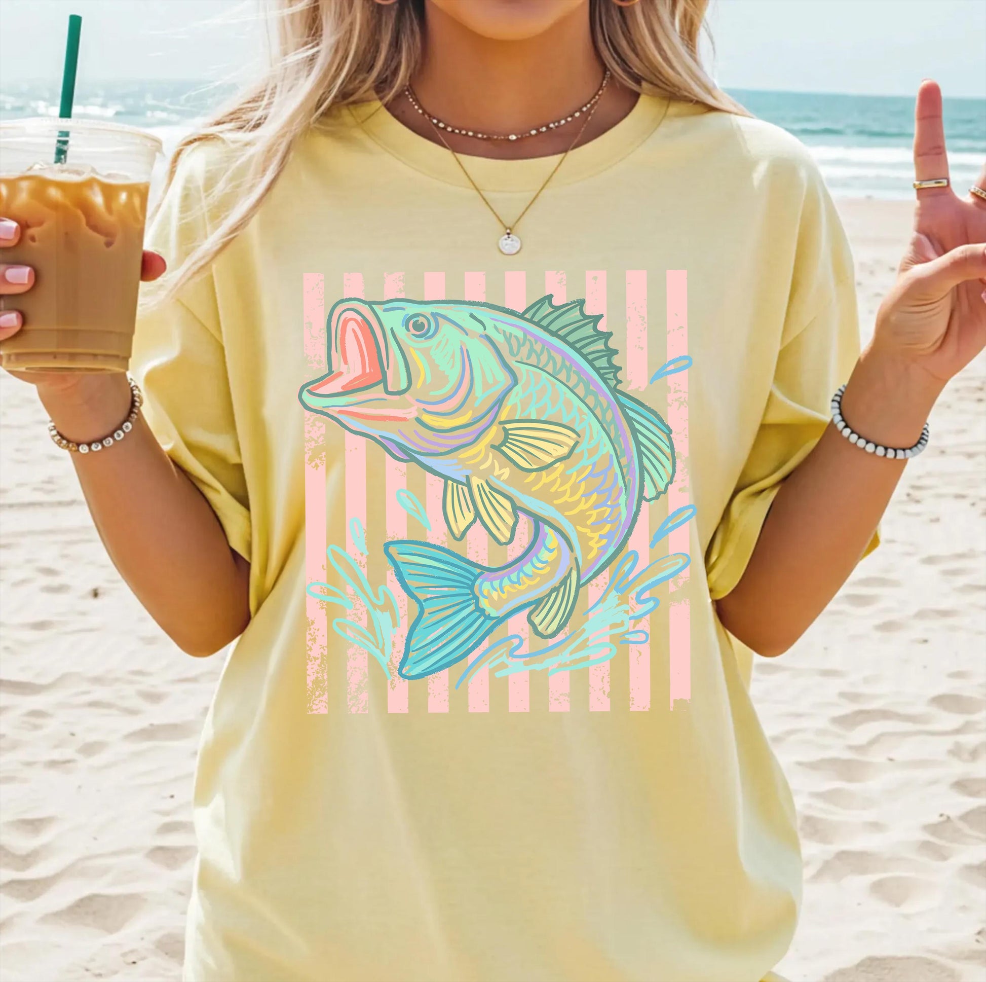 Retro Bass Fish Comfort Colors T-Shirt, Pastel Fishing Tee, Preppy Coastal Lake Shirt