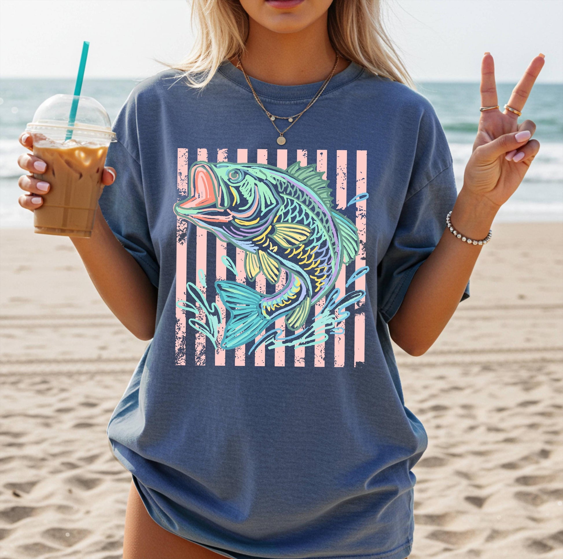 Retro Bass Fish Comfort Colors T-Shirt, Pastel Fishing Tee, Preppy Coastal Lake Shirt