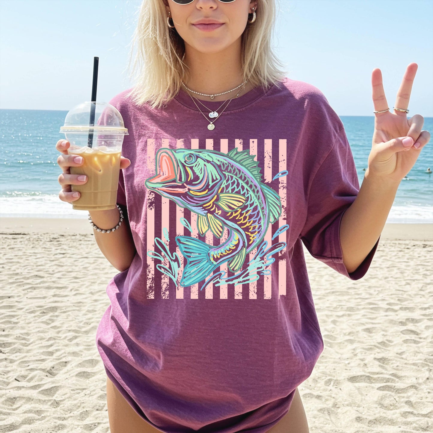 Retro Bass Fish Comfort Colors T-Shirt, Pastel Fishing Tee, Preppy Coastal Lake Shirt